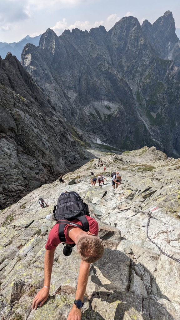 The summit push of Rysy, looking west into Poland. High Tatras