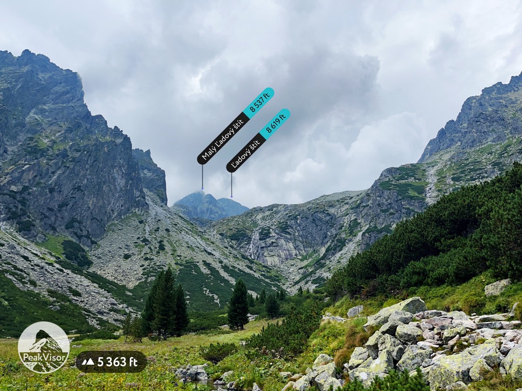  Tery’s Hut (center) sits atop a huge cliff face with a waterfall. High Tatras