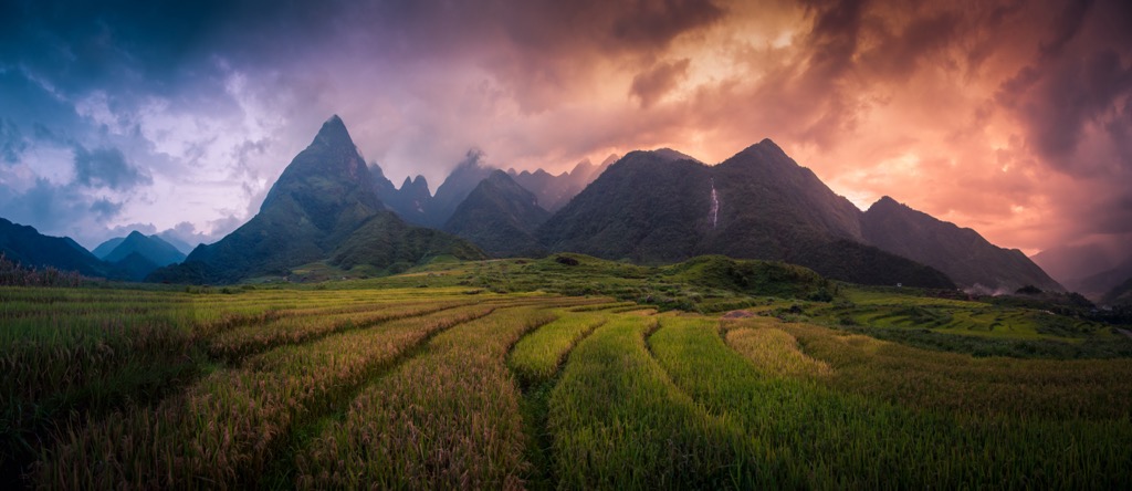 Rice paddies shadowed by the Fansipan Massif. Hoàng Liên National Park