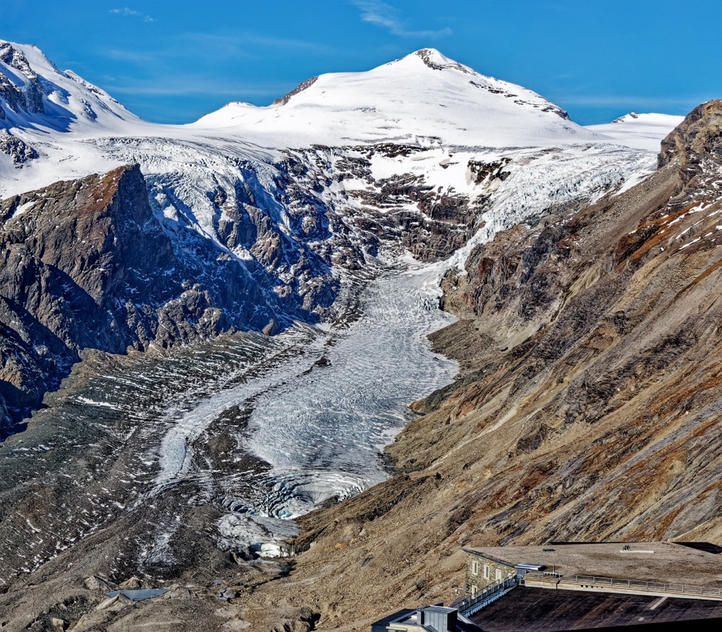 The Pasterze Glacier in October 2021. At this point, the upper ice field barely reaches the lower glacial valley. With little to no ice feeding into the valley, the Pasterze will remain only as a group of alpine glaciers and will cease to exist as a valley glacier. Hohe Tauern