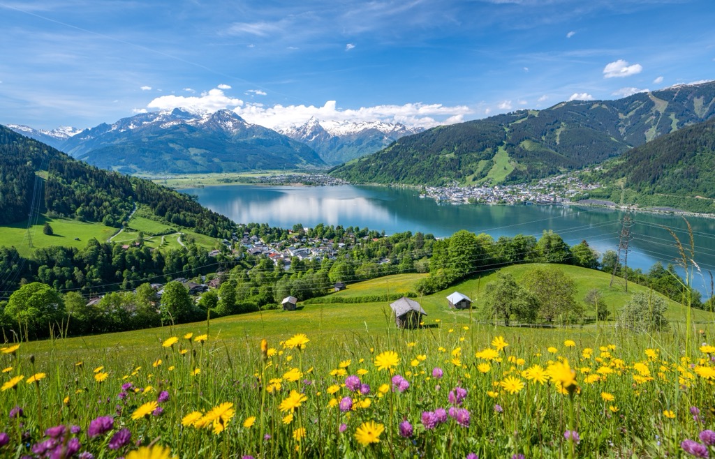 Zell am See with the Glockner Group and Hohe Tauern National Park towering behind. Hohe Tauern