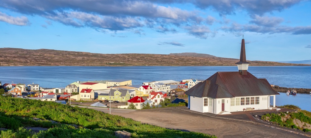 Hólmavík from near the Hólmavíkurkirkja. Hornstrandir