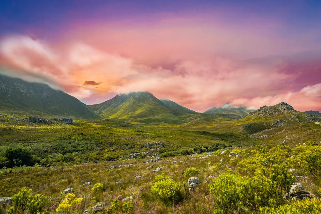 The sun sets across the Hottentots-Holland Mountains. Hottentots-Holland