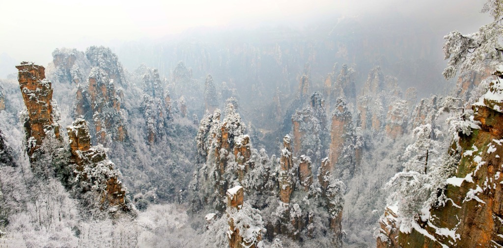 Snow-covered karst pillars in Zhangjiajie. Hunan