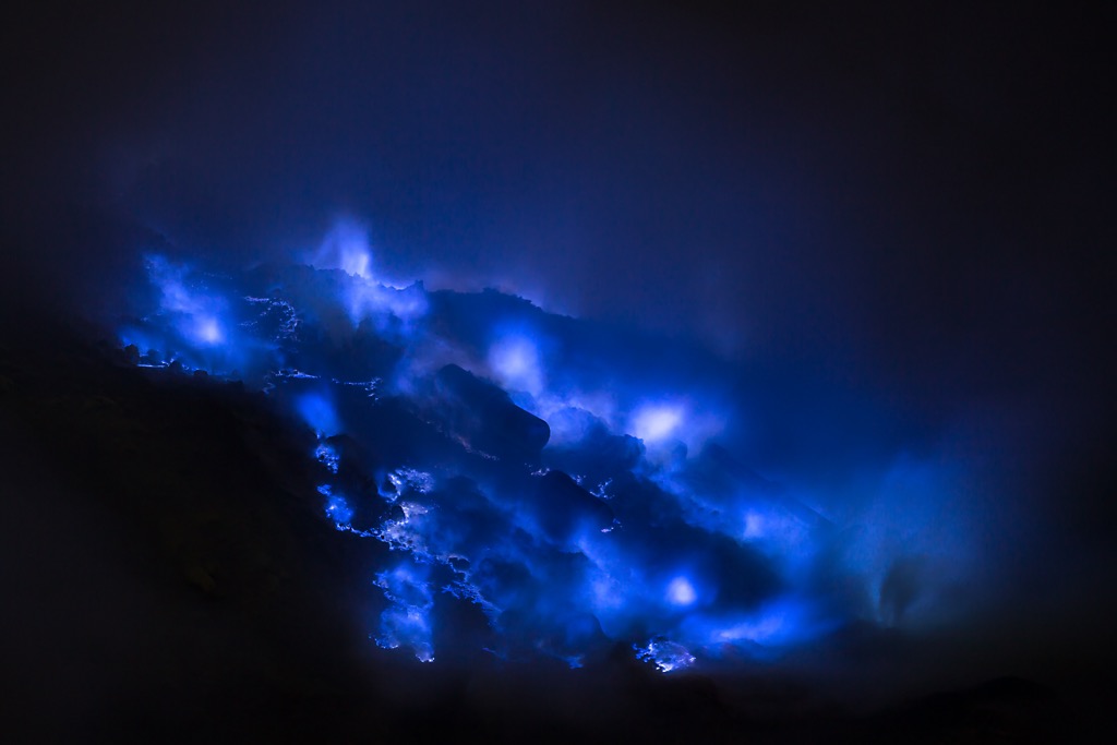 Blue fire cascades down the Ijen volcano, Indonesia