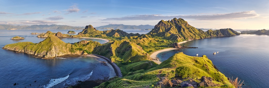 Panoramic warm view at top of 'Padar Island' in sunrise (late morning) from Komodo Island, Komodo National Park, Labuan Bajo, Flores, Indonesia