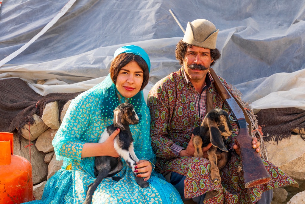 Fars Province, Rudbal. Husband and wife traditional clothing, Iran