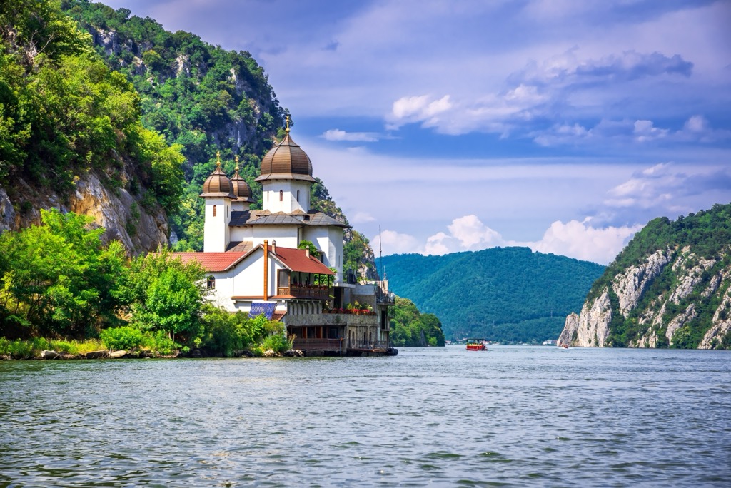 The Mraconia Monastery on the Romanian side of the Iron Gates Gorge. Iron Gates