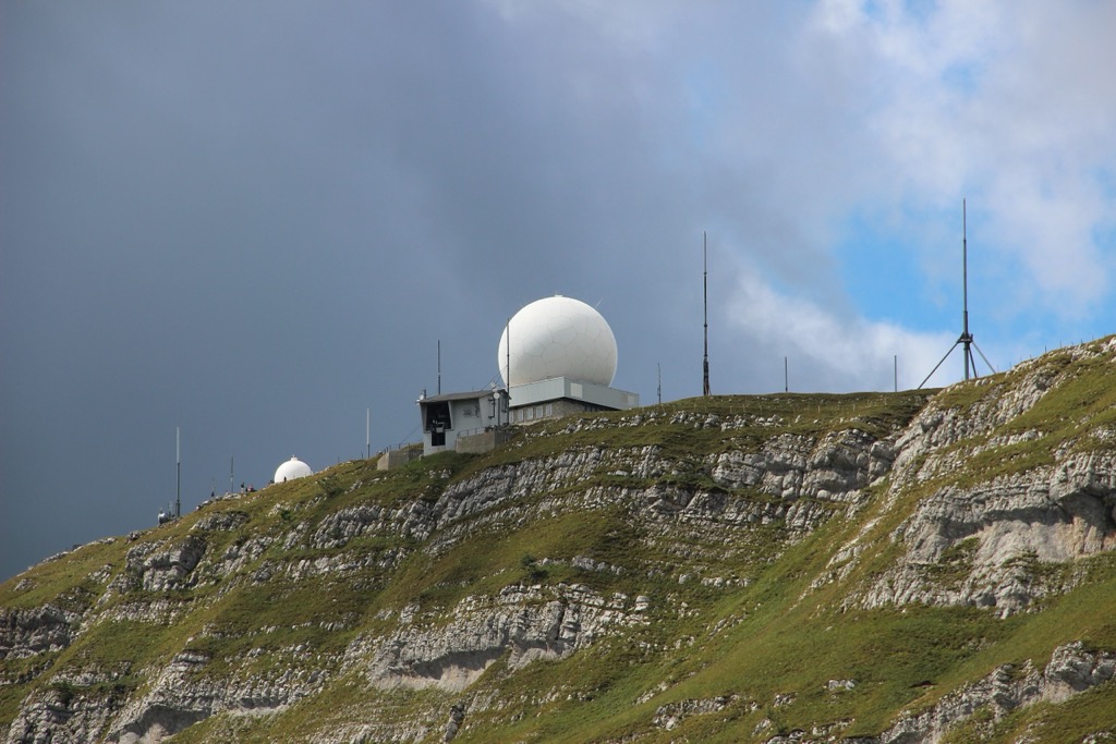 La Dôle is known for its prominent white radar dome. Jura Vaudois