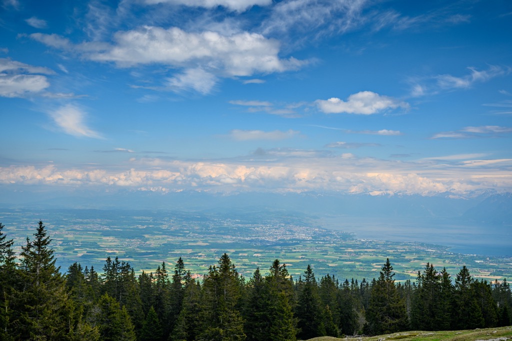A view of the Alps from Mont Tendre, the highest peak in Switzerland outside the Alps. Jura Vaudois