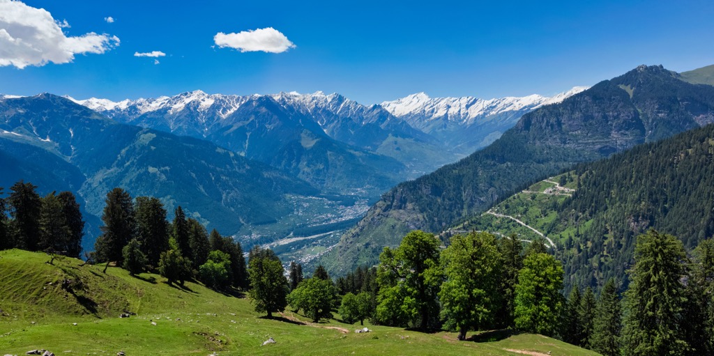 The Kullu Valley with the high peaks of the Himachal Himalayas in the background. Khirganga National Park