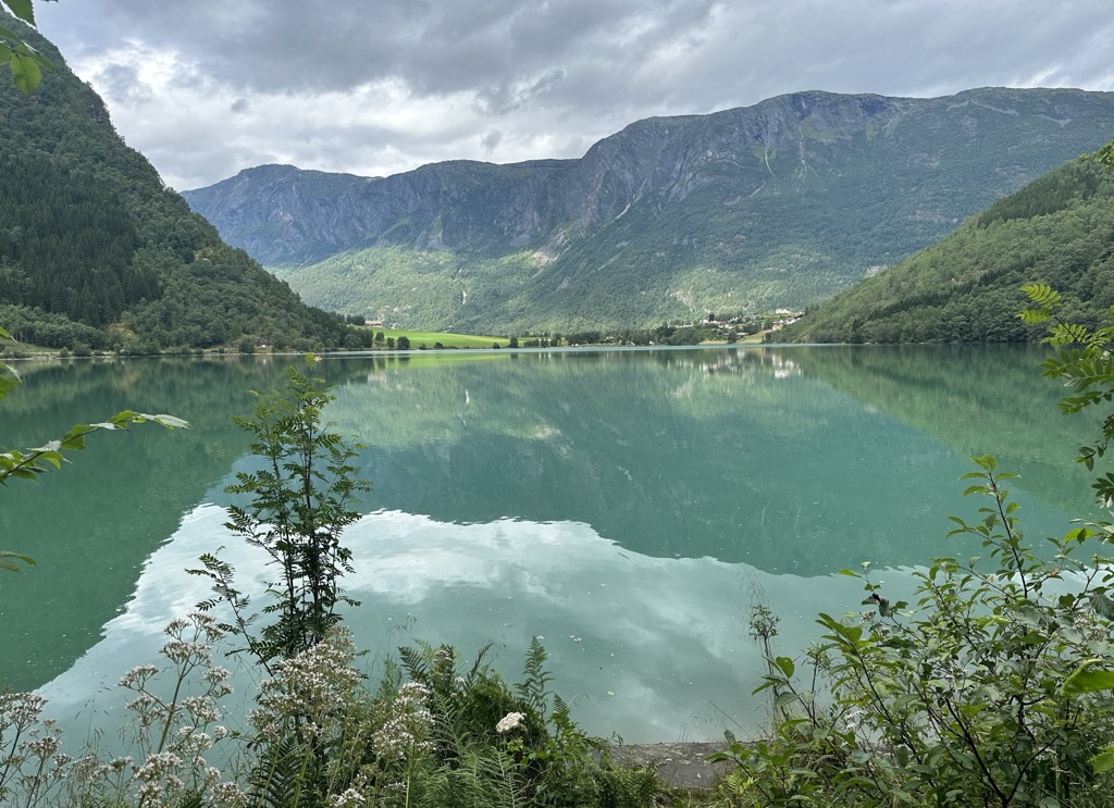 Lake Eidsvatnet near Skjolden, lying between steep wooded mountainsides