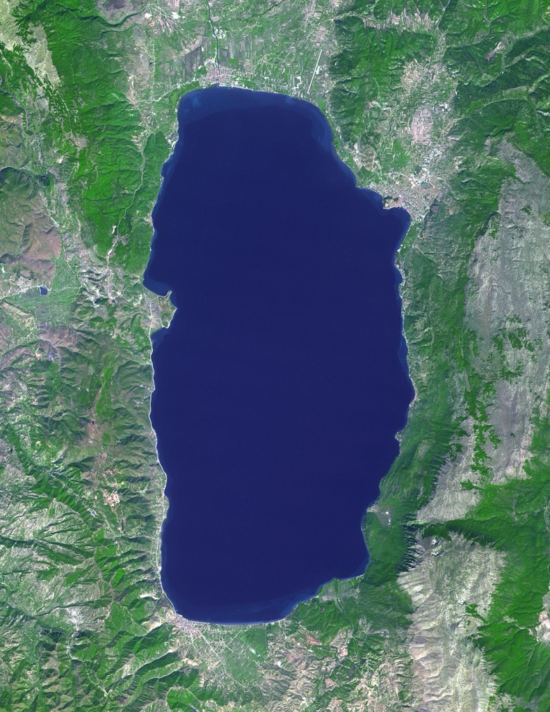 Settlements around Lake Ohrid as viewed from a NASA satellite. Lake Pogradec