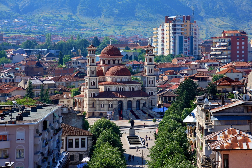 The Orthodox cathedral in Korce’s city center. Lake Pogradec