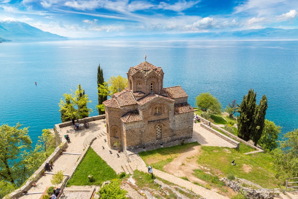 The famous Jovan Kaneo church on the shores of Lake Ohrid, North Macedonia. Lake Pogradec