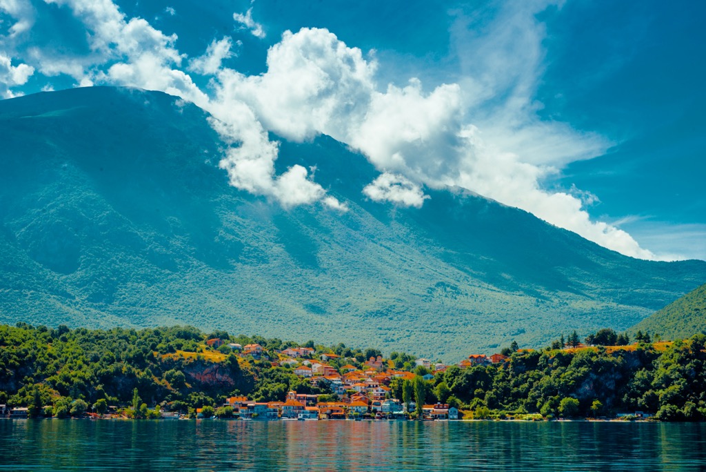 Mountains surround Lake Ohrid. Lake Pogradec