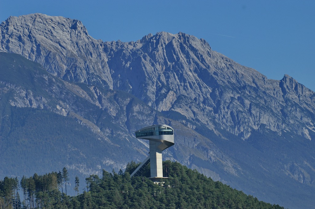 Bergisel Ski Jumping facility in Innsbruck. Lechquellen Mountains