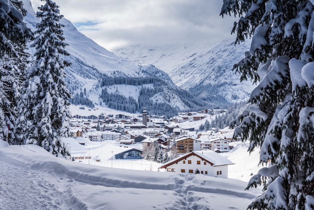 The village of Lech after a winter storm. Lechquellen Mountains