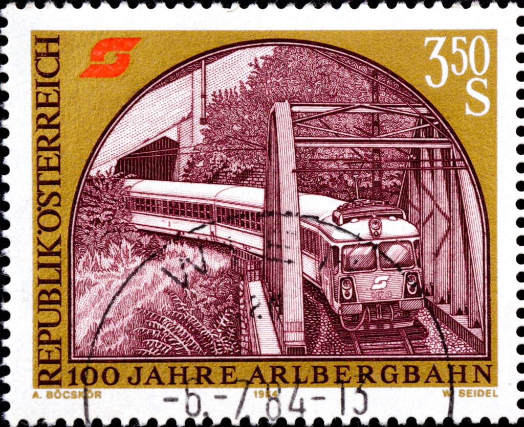 An anniversary stamp depicting the Arlberg Railway. Lechtal Alps