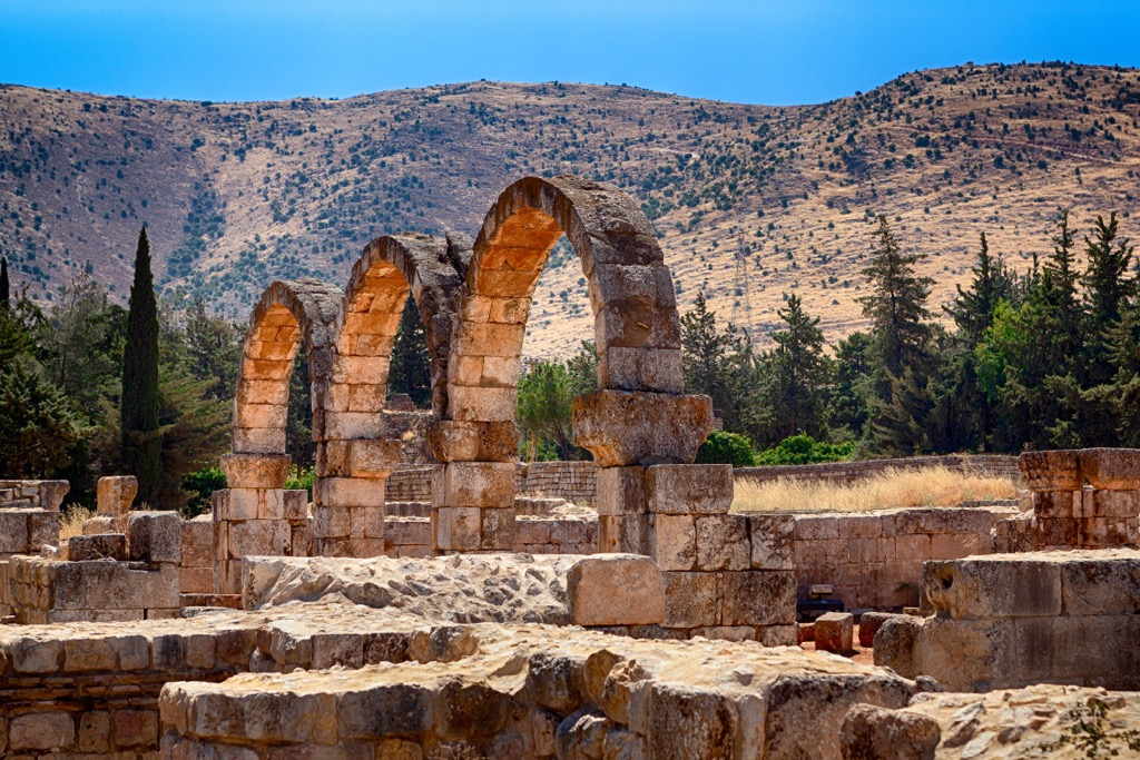 The ruins of the Umayyad city at Anjar, Lebanon, with the Anti-Lebanon Mountains in the background. Levant Ranges