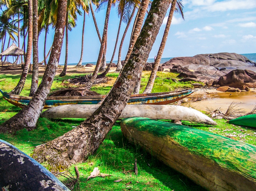 Traditional artisan canoes, rather than commercial trawlers, are the primary fishing vessels in villages along the coast. Liberia Mountains