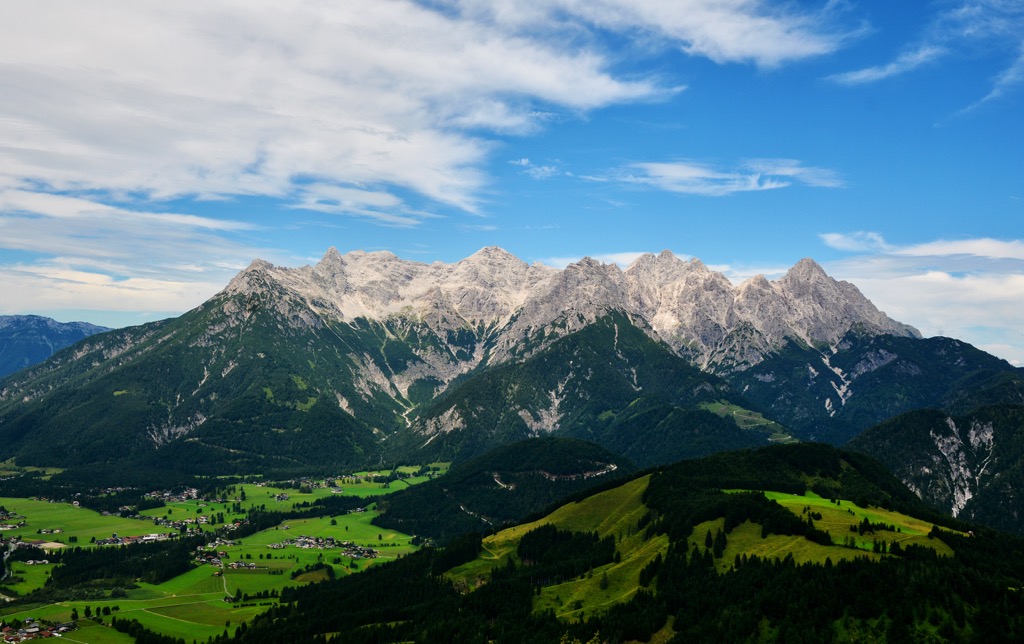 The Lofer Mountains as seen from Jakobskreuz, Buchensteinwand (1,462 m / 4,797 ft). Lofer Mountains 