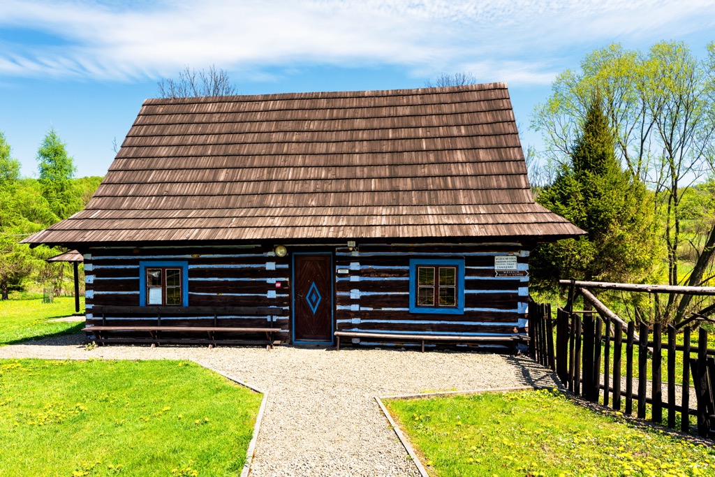 A standard Lemko wooden house at the Museum of Lemko Culture in Beskid Niski, Poland. Low Beskids