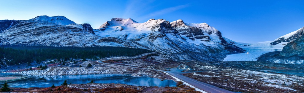 The iconic Athabasca Glacier on the Columbia Icefield Parkway in Jasper National Park. Marmot Basin