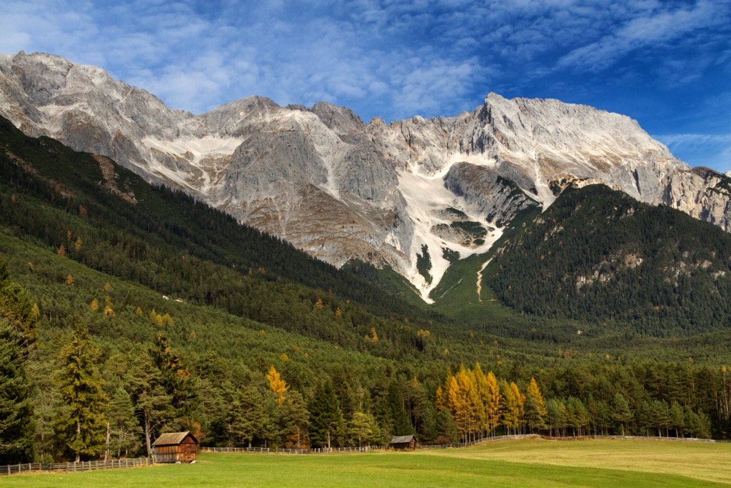 The Mieminger Chain in autumn from the Mieminger Plateau. Mieminger Chain