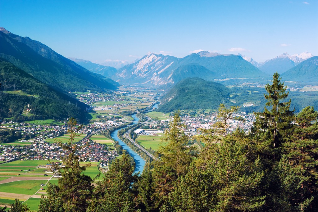 A panoramic view of Telfs, Reitz, and Pfaffenhofen. Mieminger Chain