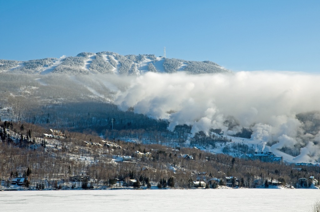 Tremblant seen from the frozen Lac Tremblant at its base. Mont Tremblant Ski Resort 