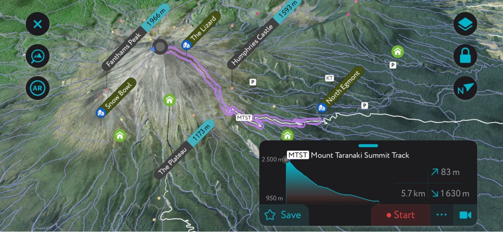 Mount Taranaki Summit Track in New Zealand using PeakVisor’s mobile app. Leave No Trace