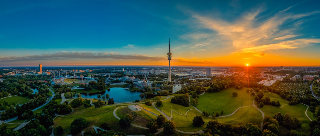 An aerial view of Olympiapark. Munich Mountains