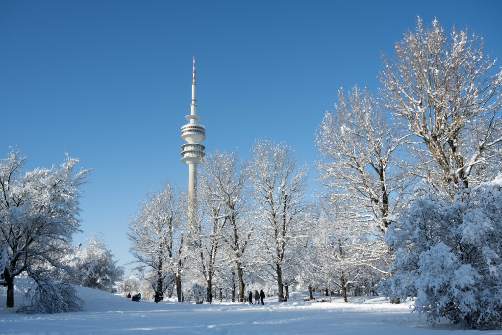 A snowy day in the Olympiapark. Munich Mountains