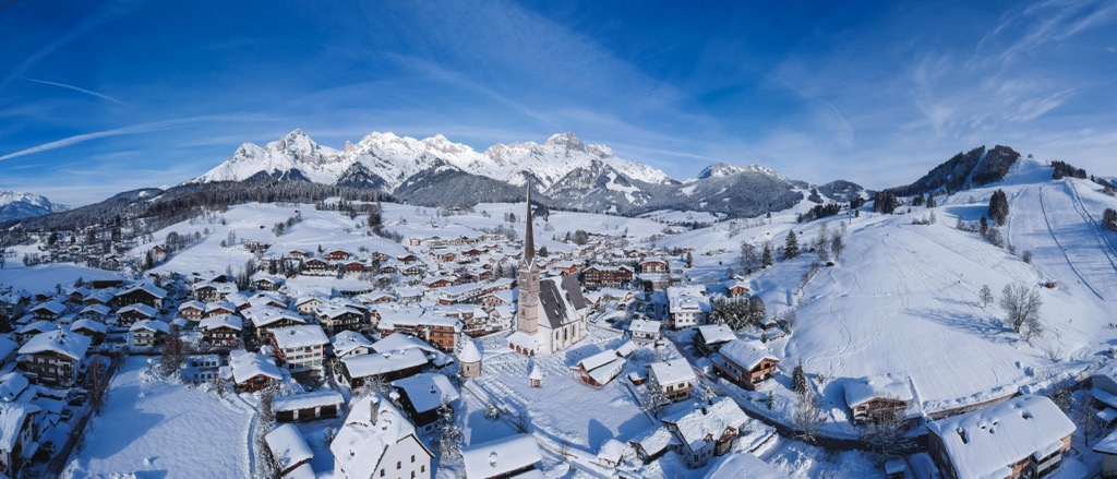 A panorama of Maria Alm and the ski resort. Northern Salzburg