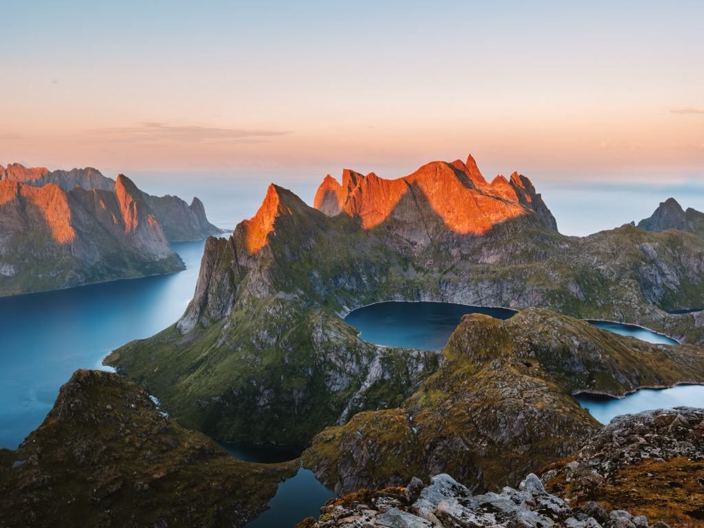 Norway’s fjords, like these on the Lofoten Islands, were created by large valley glaciers during successive ice ages. Norway