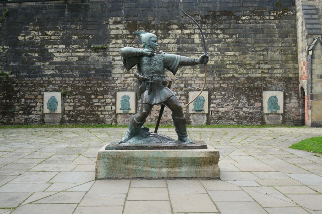 A bronze statue of Robin Hood on Nottingham Castle’s grounds. Nottingham