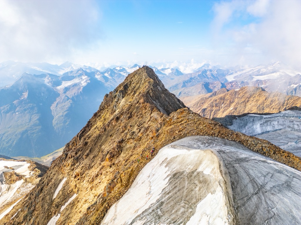 Wildspitze’s summit, with its spectacular view in the background. Otztal Alps