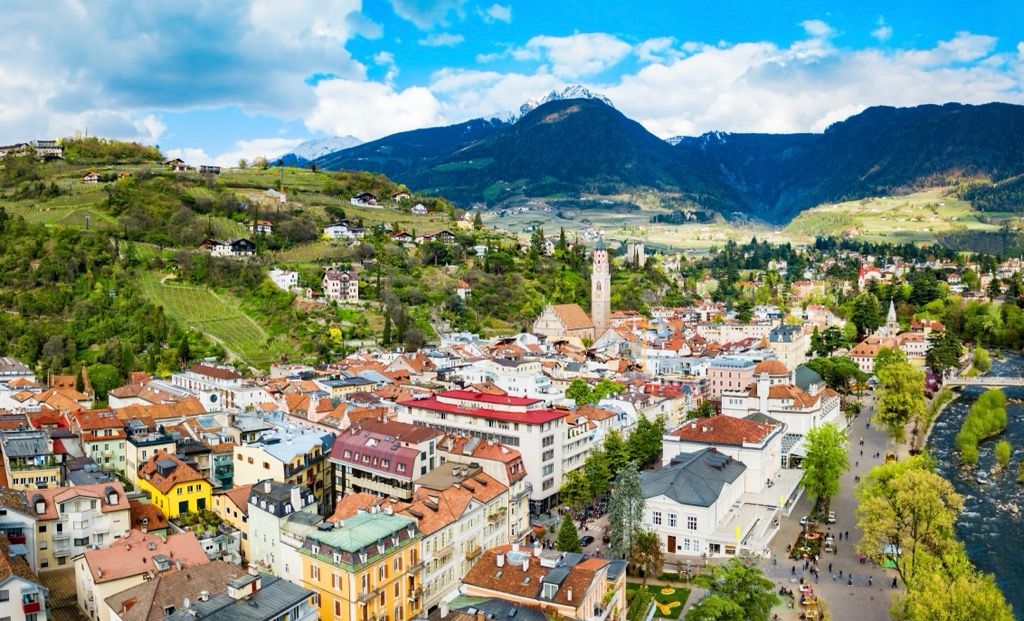 An aerial view of the Merano’s city center. Otztal Alps