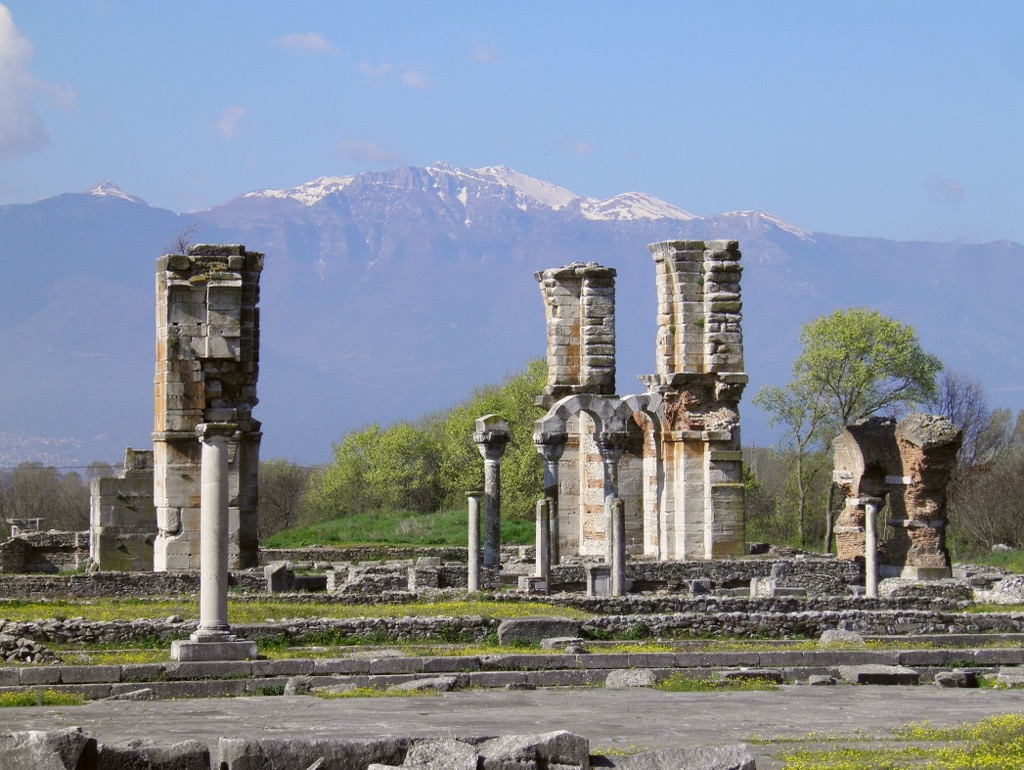 The ancient city of Philippi with the Pangaion Hills in the background. Pangaion Hills