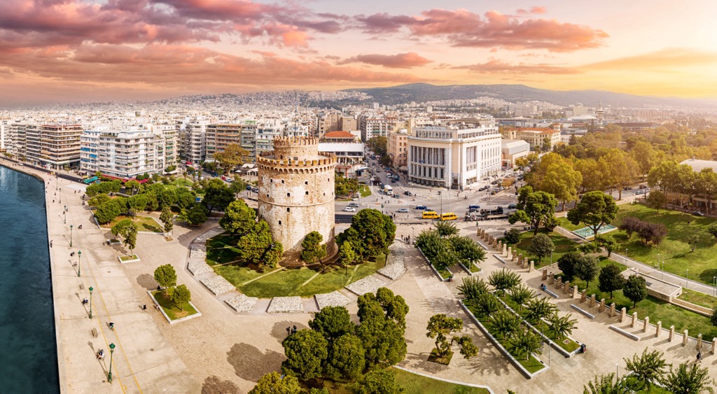 The White Tower of Thessaloniki. Pangaion Hills