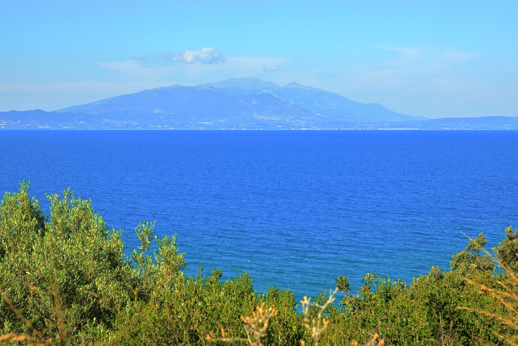 The impressive Mati Peak is visible from far across the sea. Pangaion Hills