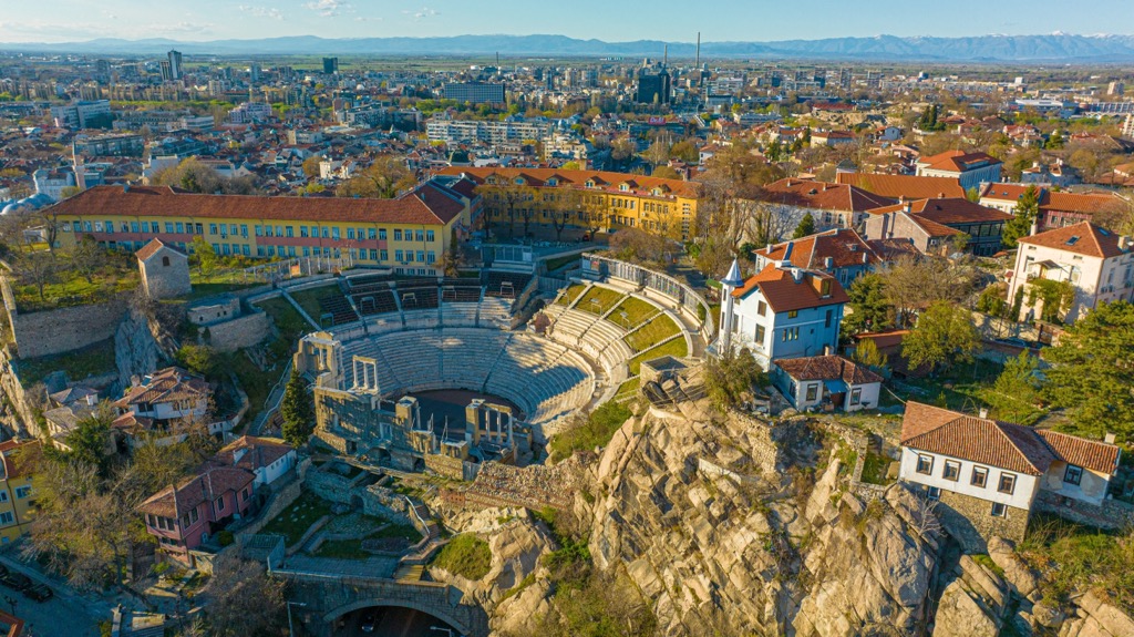 The 3rd-century Roman Amphitheater in Plovdiv. Pangaion Hills