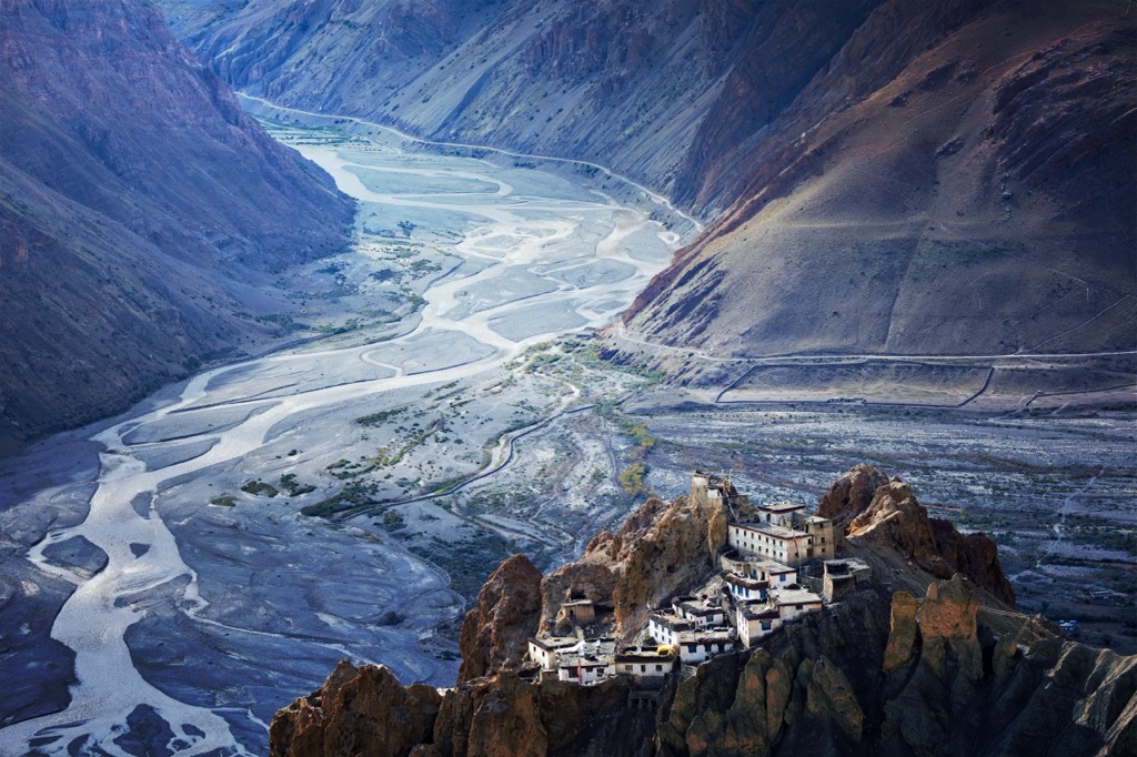 The Dhankar Monastery, one of many in the region, is perched on a cliff above the Spiti River. Pin Valley National Park