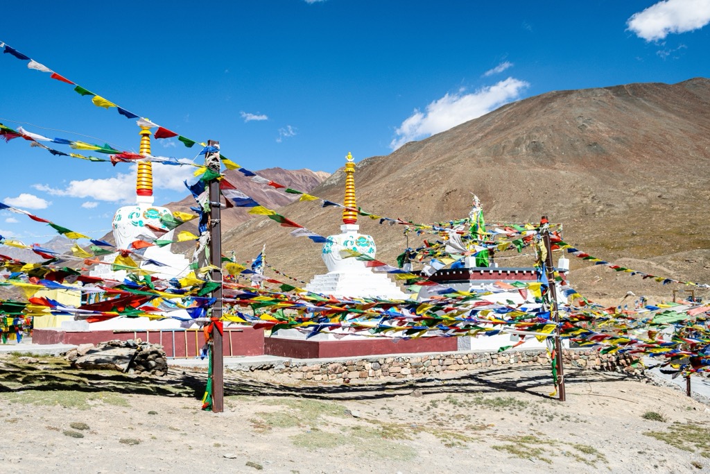 Prayer flags around Bugghist Stupas in Kaza. Pin Valley National Park