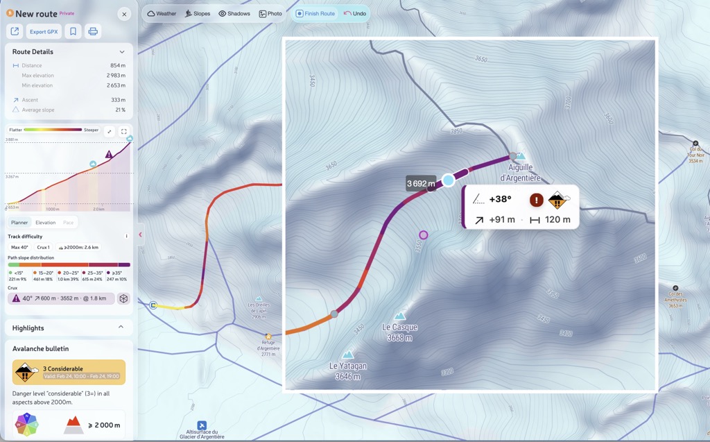 Live Plan Route workflow: snap-to-skitours, real-time stats while editing, quick cleanup of extra points, and sharing the final route.