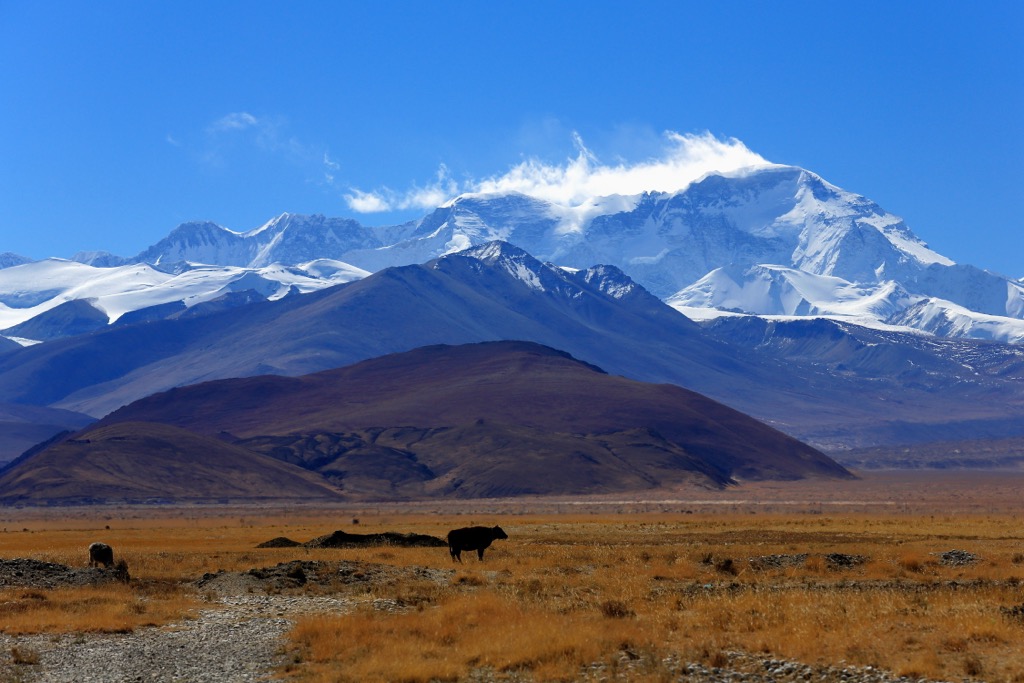 A view of Cho Oyo from the QNNP’s boundary on the Tibet side of the Himalayas. Qomolangma National Nature Preserve