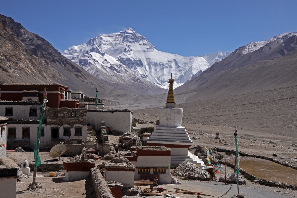 The Rongbuk Monastery sits at the base of the North Face of Mount Everest. Qomolangma National Nature Preserve