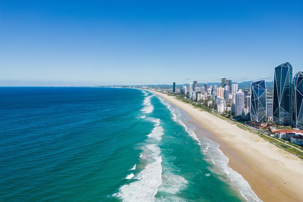 The beaches of Gold Coast, Australia, are about an hour from Brisbane. Queensland