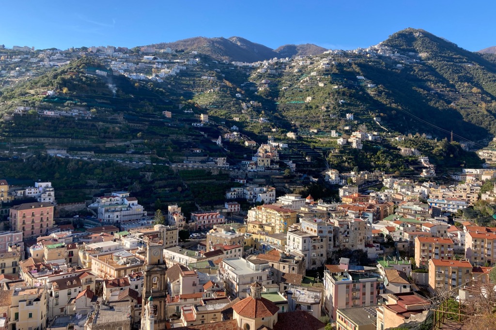 The towns of Ravello (left) and Scala (right) from the town of Minori on Amalfi Coast, Campania, Italy